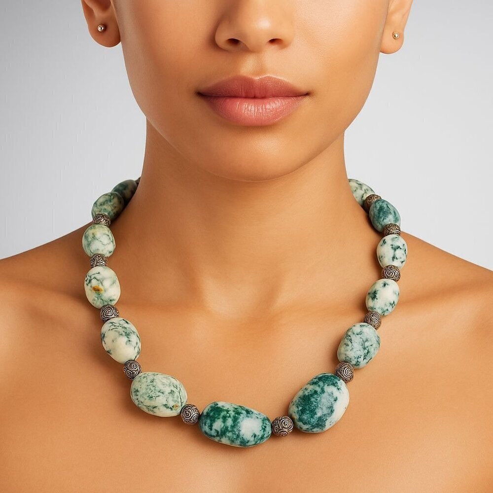 Vintage Chunky Tree Agate Gemstone Necklace Boho Statement